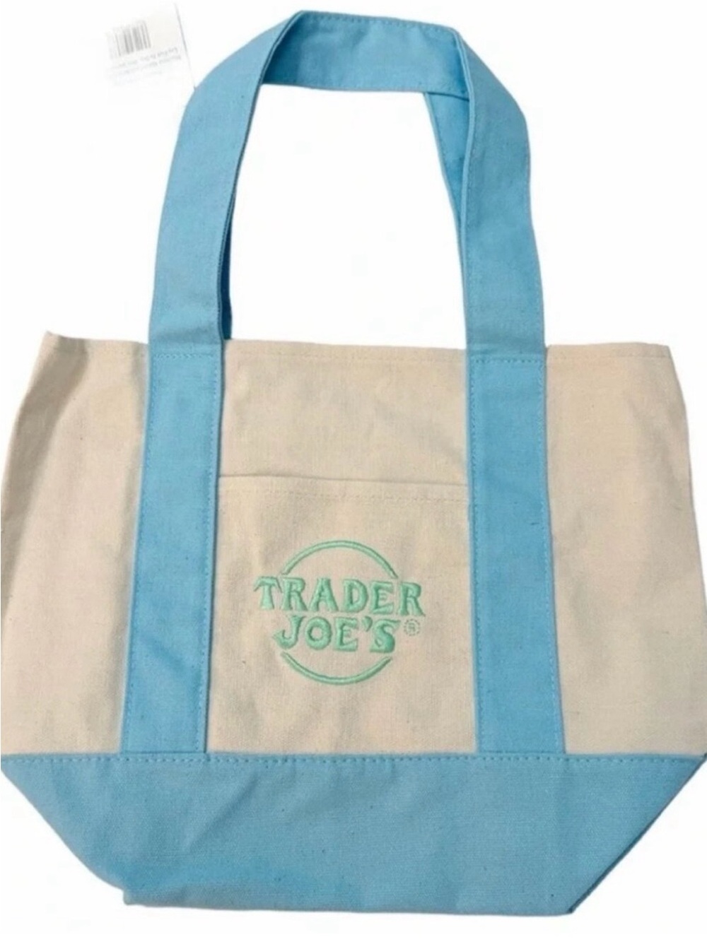 Trader Joe's Light Blue & Cream Canvas Tote Bag NWT SMALL SIZE